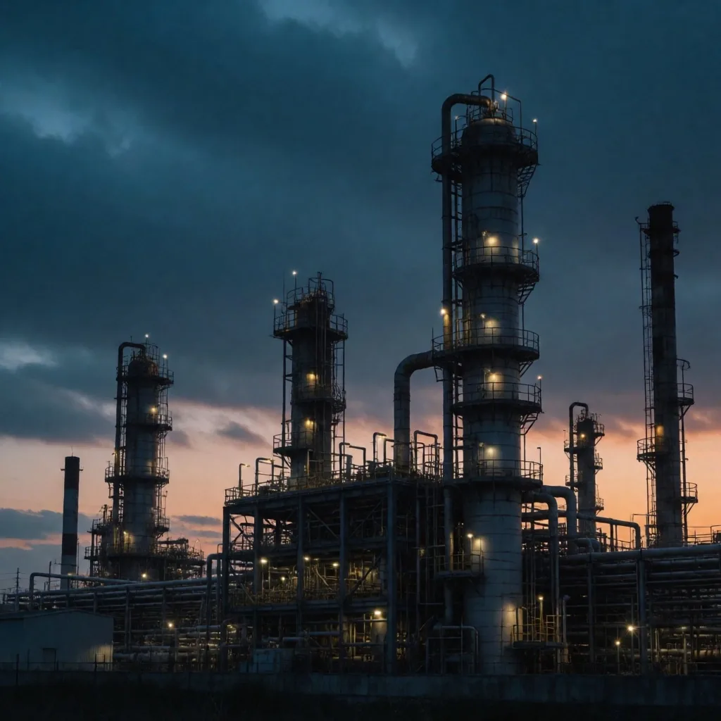 Refinería de petróleo al anochecer