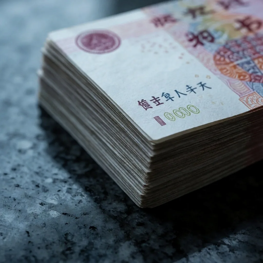 Billetes de yuan sobre superficie de piedra