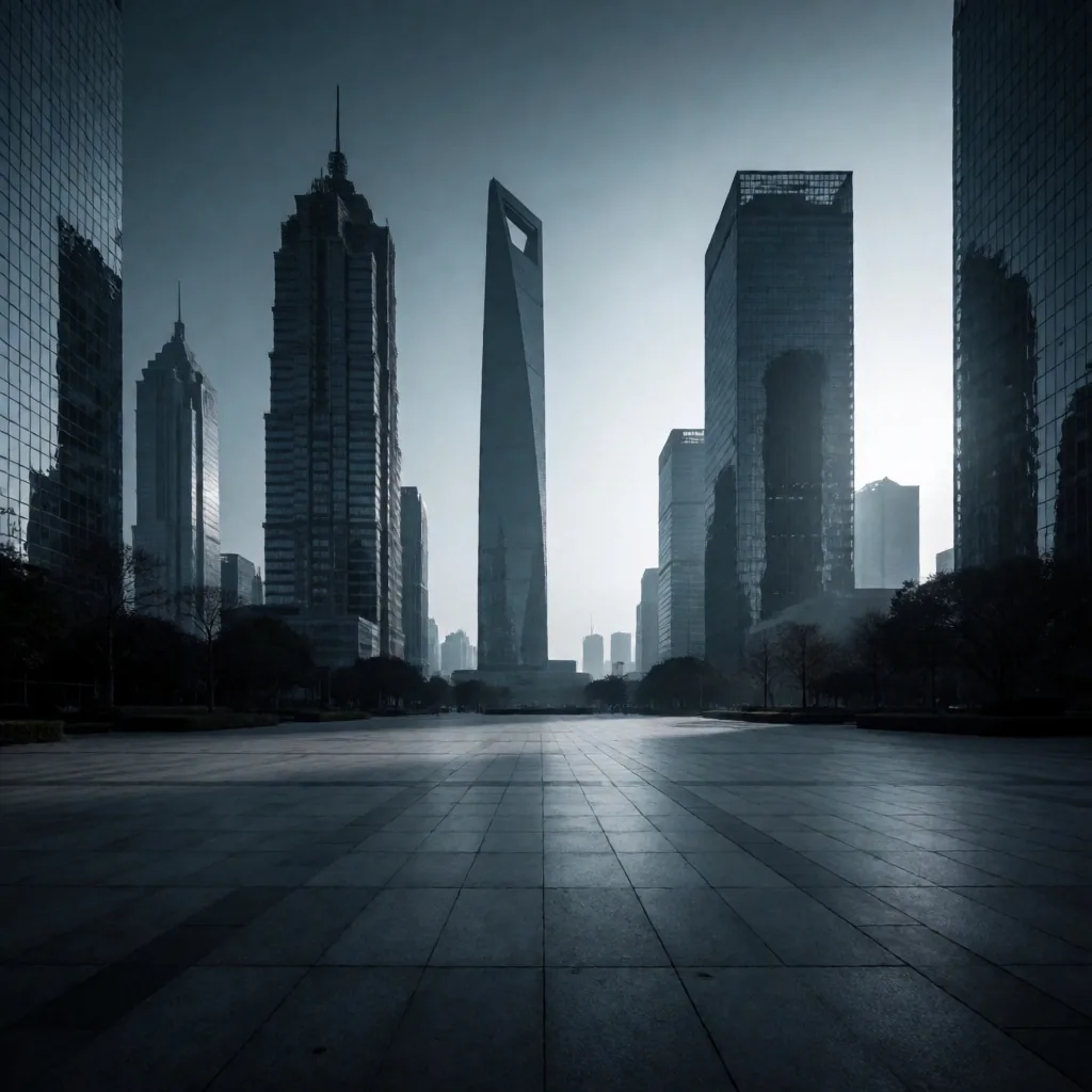 Distrito financiero al amanecer con rascacielos de cristal bajo luz fría