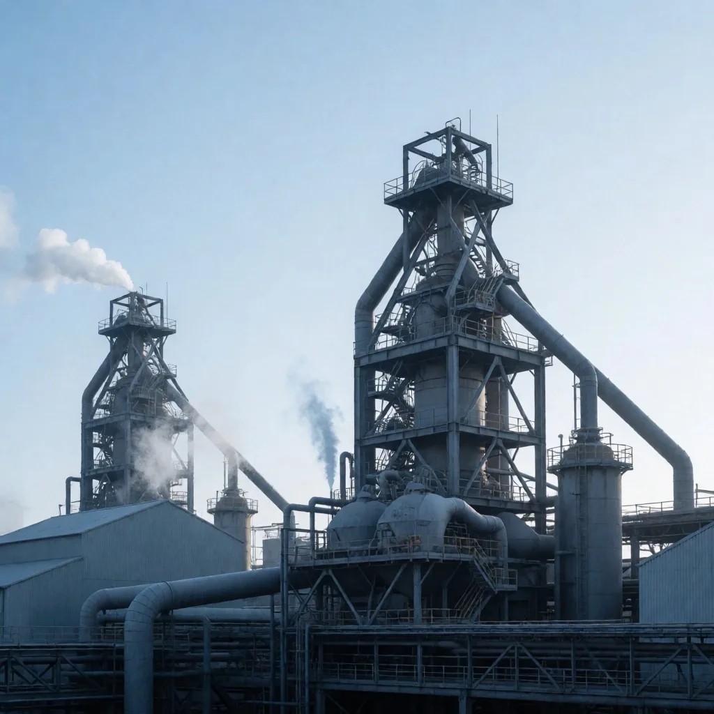 Instalación industrial química con tanques de almacenamiento al atardecer