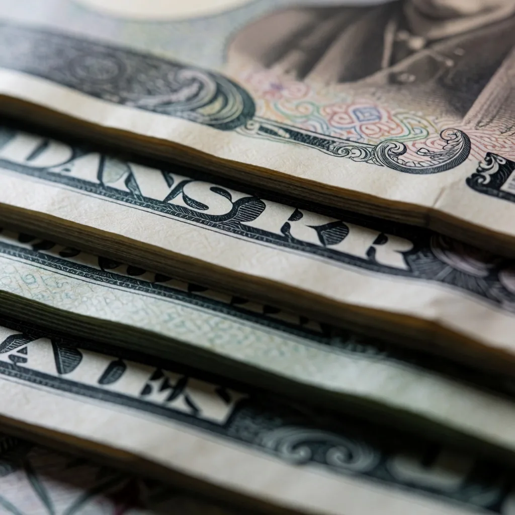 Primer plano de billetes de divisas extranjeras apilados bajo luz lateral fría