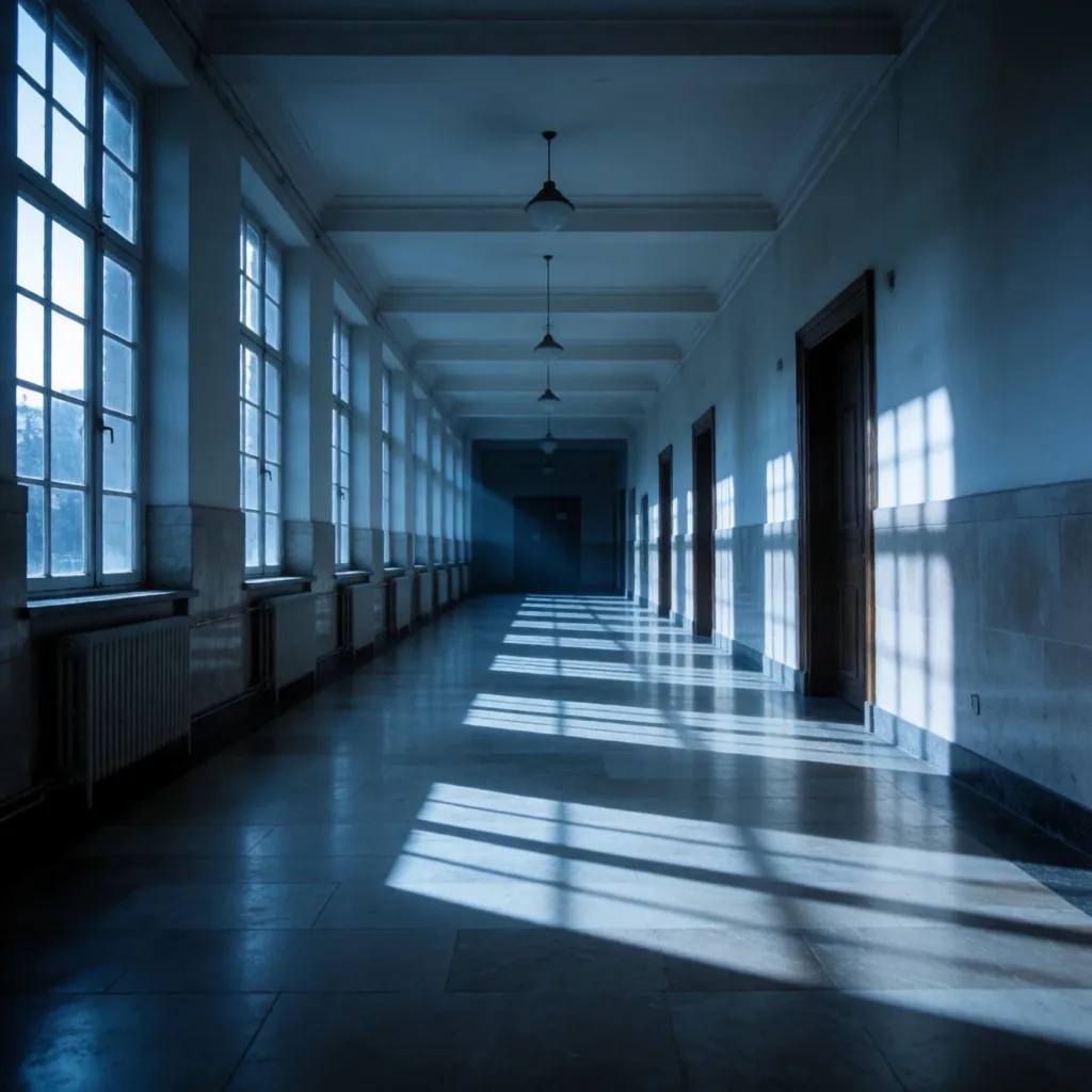 Corredor institucional vacío con luz matutina proyectando sombras alargadas