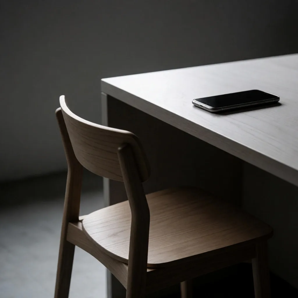 Silla vacía con un teléfono sobre una mesa de madera