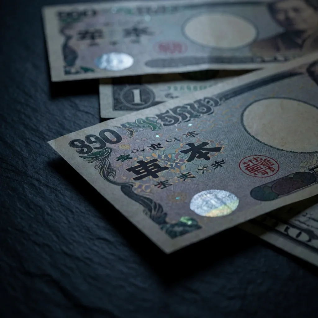 Billetes de yen japonés y dólar estadounidense sobre superficie oscura