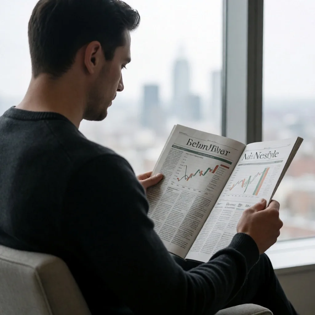 Manos sosteniendo un periódico financiero sobre una mesa de madera