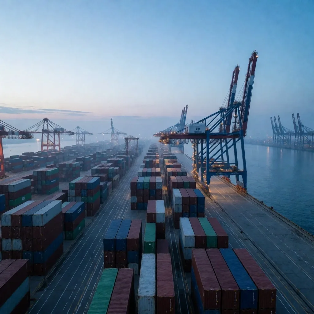 Puerto de carga con contenedores y buques mercantes al amanecer