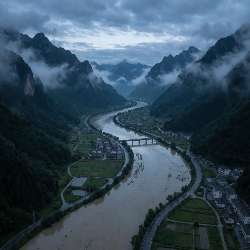 Valle montañoso inundado visto desde el aire al amanecer