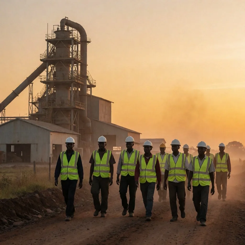 Trabajadores locales junto a instalaciones industriales al amanecer