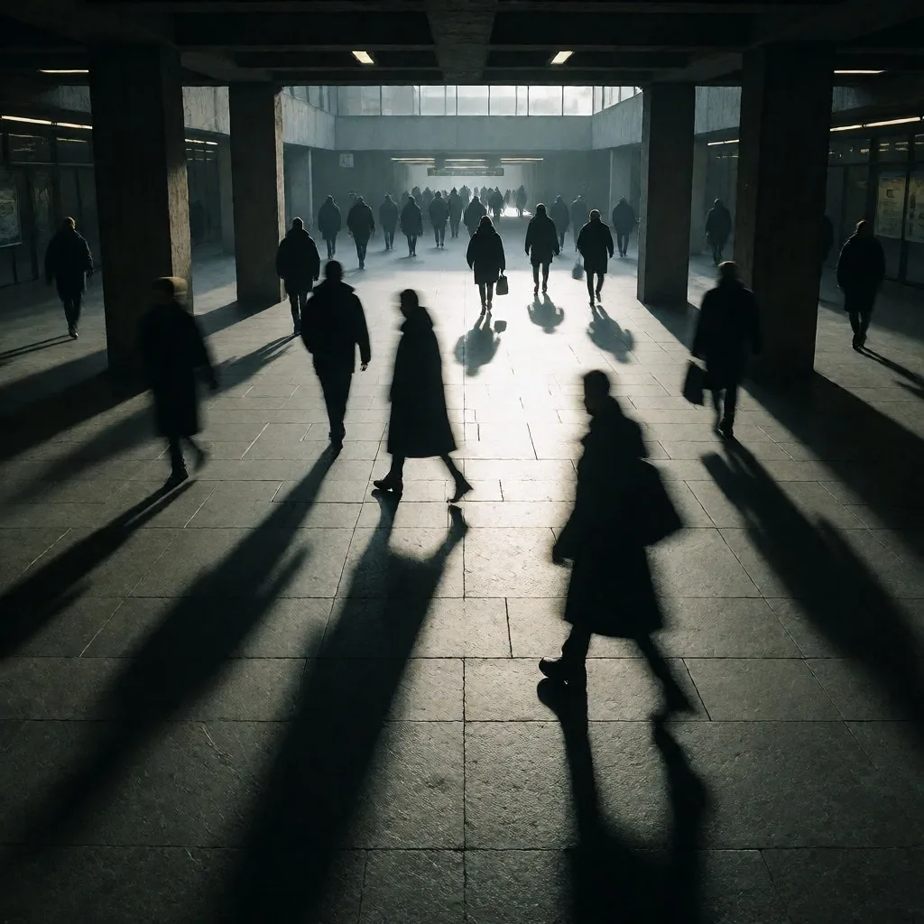 Commuters en una sala de tránsito al amanecer