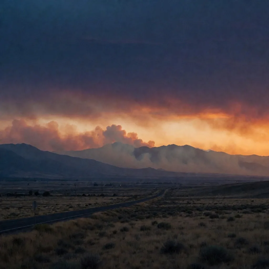 Panorámica de montañas con humo forestal al anochecer