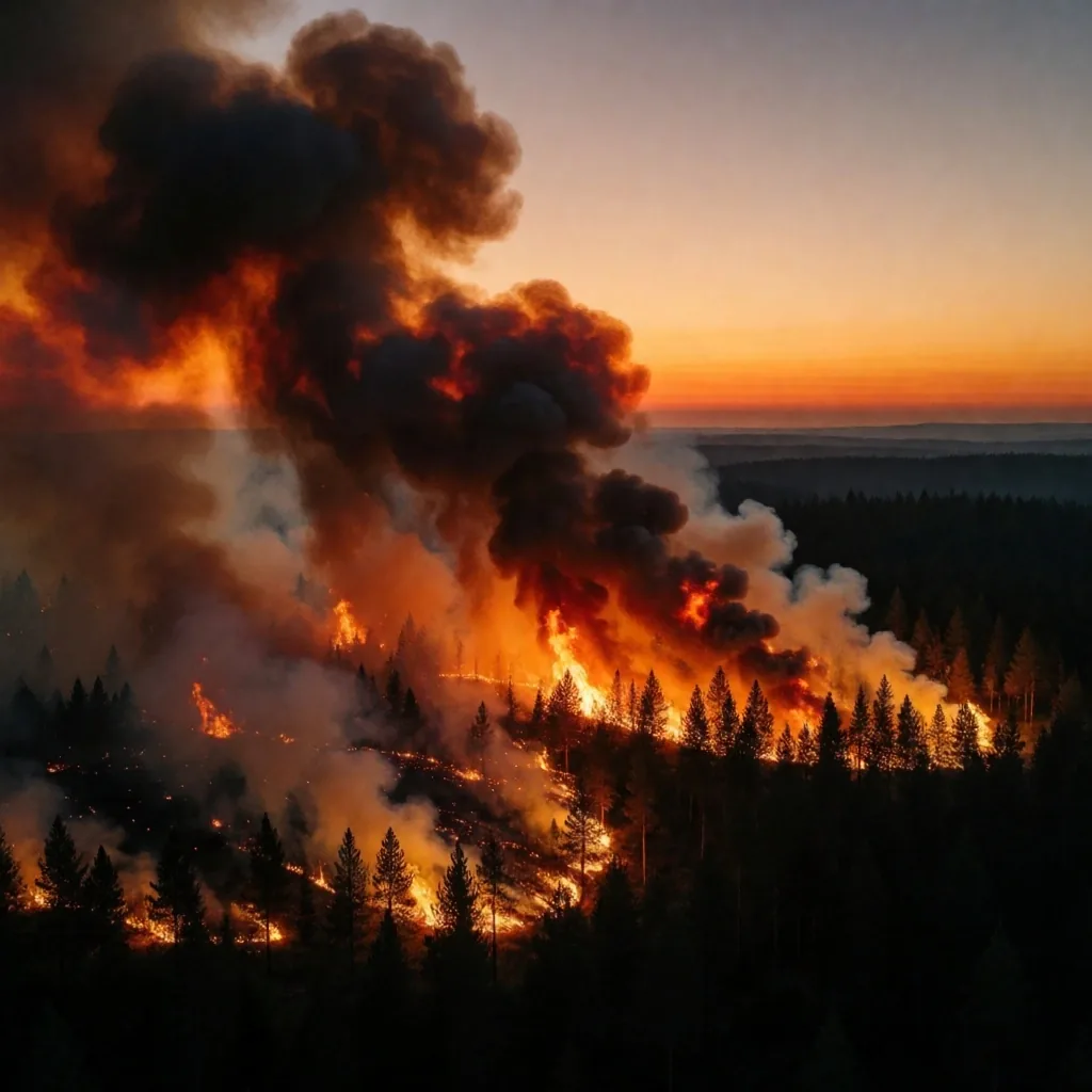 Vista aérea de incendio forestal al amanecer