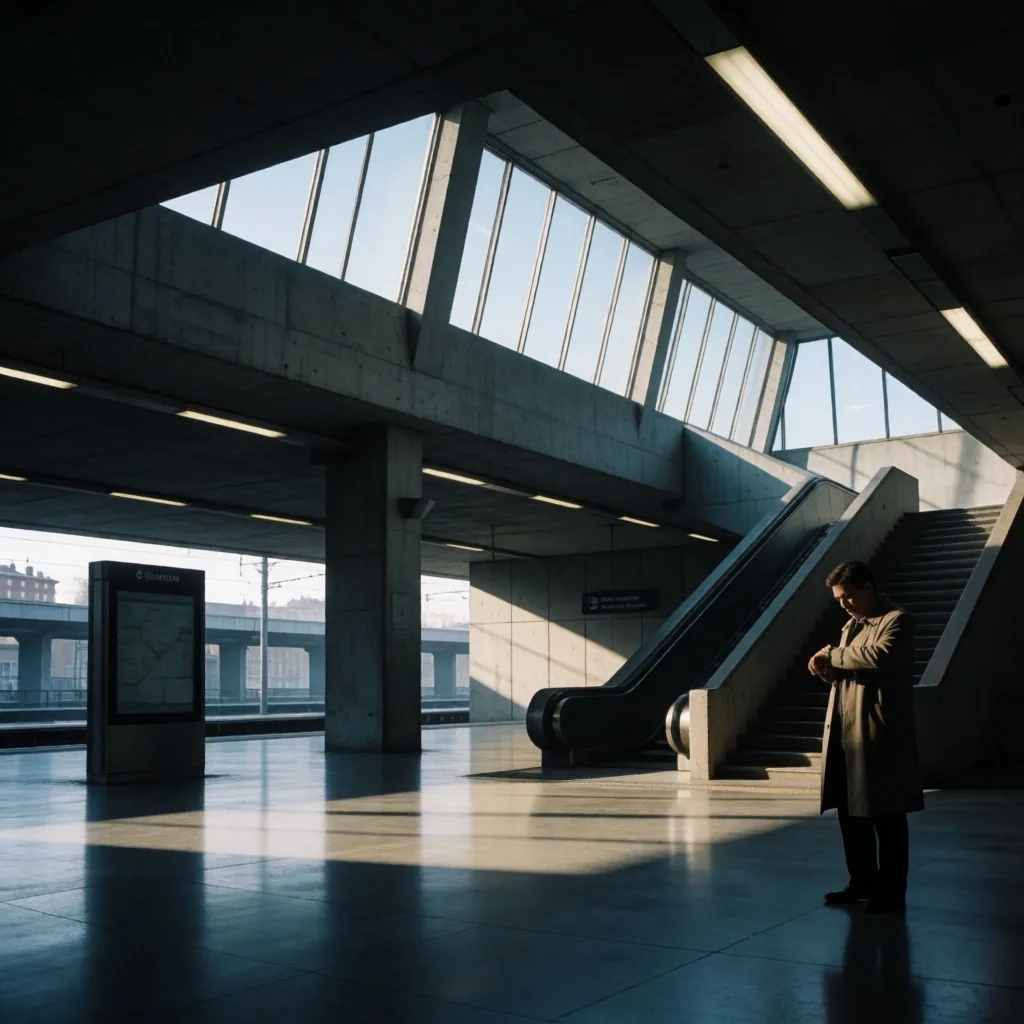 Interior de una estación de tránsito con luz matutina fría