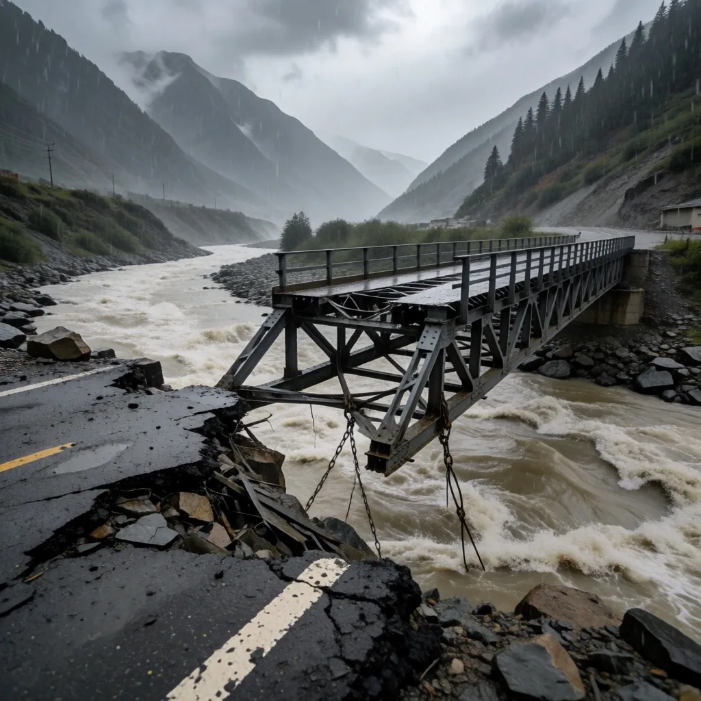 Puente colapsado sobre río inundado en el Himalaya